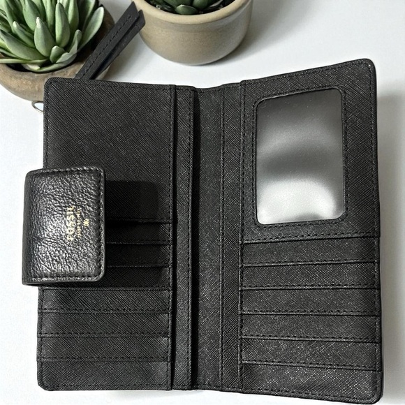 Fossil Black Leather Clutch Wallet Wristlet Zip Around Coin Purse Women - Picture 9 of 10